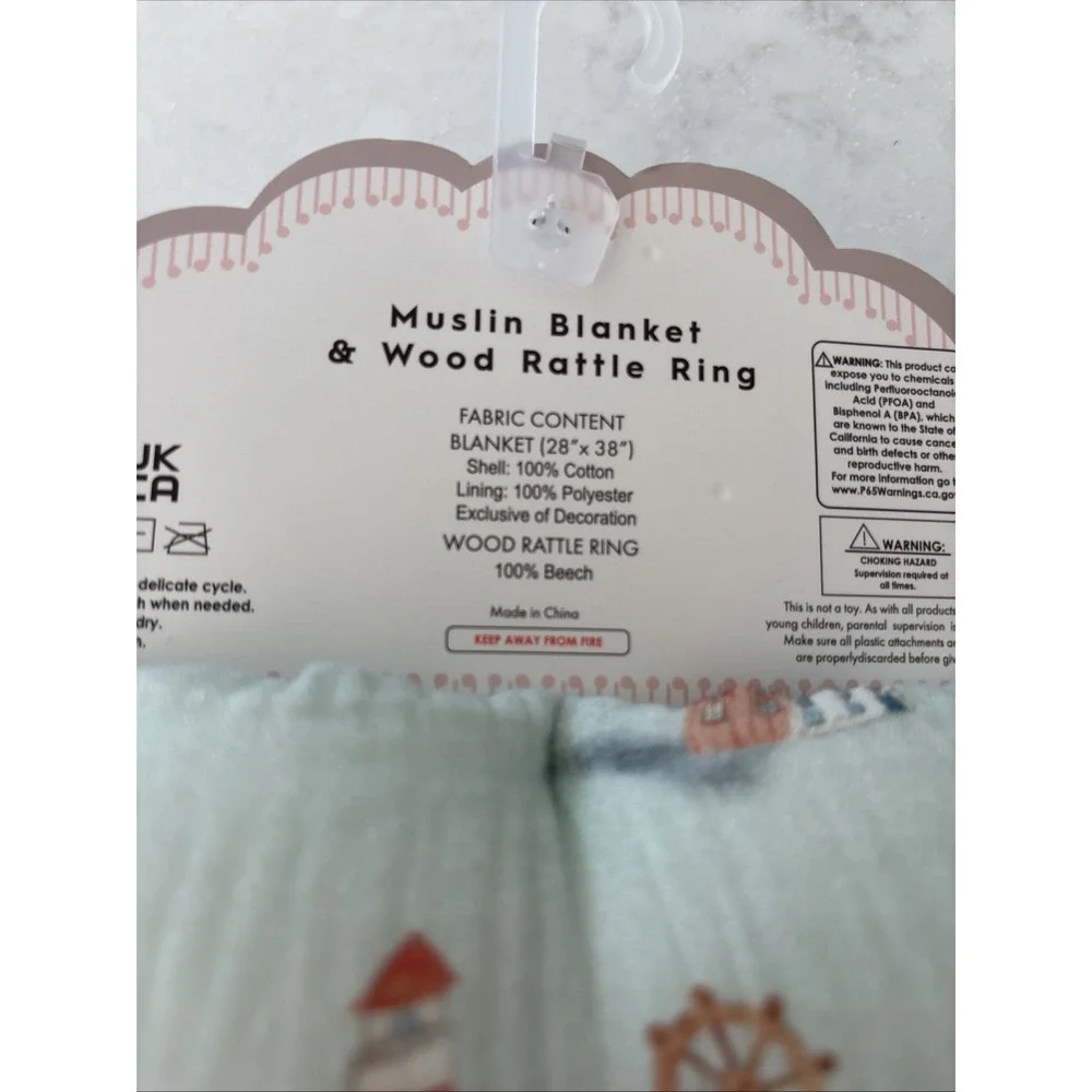Baby Blanket Muslin Cotton Fleece Lining Sailboats Coastal Bonbini Wood Rattle